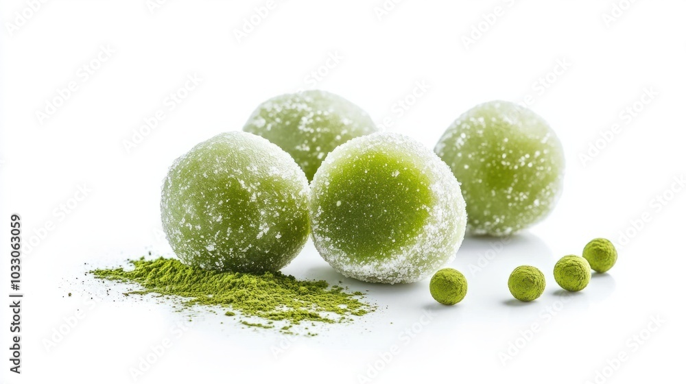 Japanese matcha-flavored mochi balls with a dusting of green tea powder, isolated on white background Japanese matcha-flavored mochi balls with a dusting of green tea powder, isolated on white background