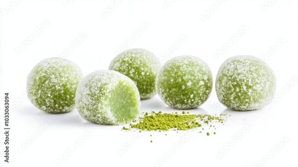 Japanese matcha-flavored mochi balls with a dusting of green tea powder, isolated on white background Japanese matcha-flavored mochi balls with a dusting of green tea powder, isolated on white background