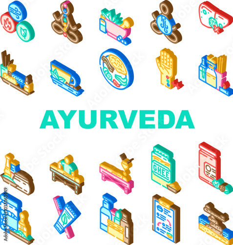 ayurveda wellness balance dosha icons set vector. vata pitta, kapha prana, chakra meditation, yoga herbs, detox, holistic ayurveda wellness balance dosha isometric sign illustrations