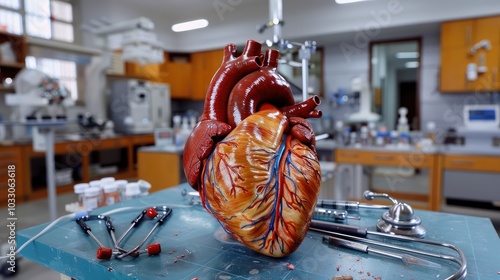 Realistic model of a human heart, on a lab table with medical instruments --no text and people, human --chaos 10 --ar 16:9 Job ID: aea4b387-3dbf-4533-8800-5b7060e84d49