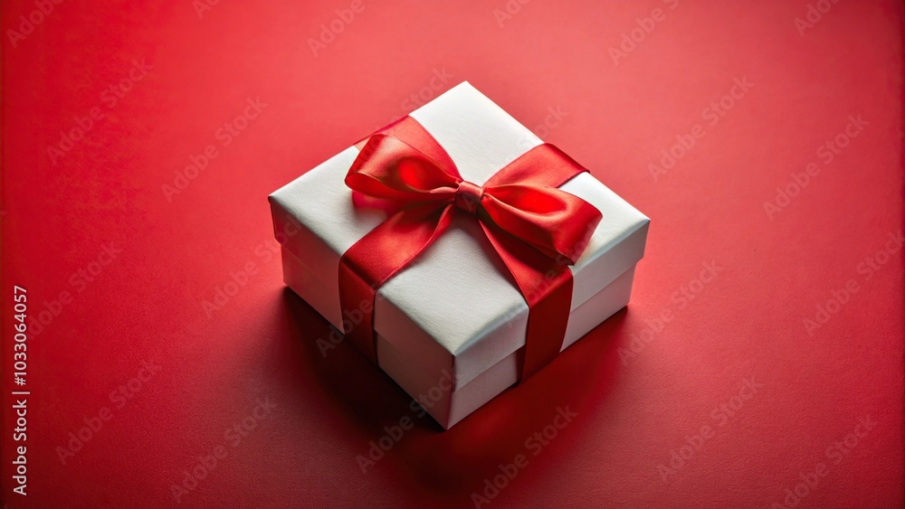 High angle white gift box with red ribbon isolated on red background High angle white gift box with red ribbon isolated on red background