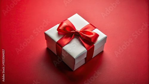 High angle white gift box with red ribbon isolated on red background