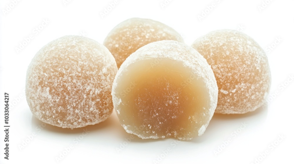 Japanese warabi mochi dusted with kinako powder, jelly-like and soft, isolated on white background Japanese warabi mochi dusted with kinako powder, jelly-like and soft, isolated on white background