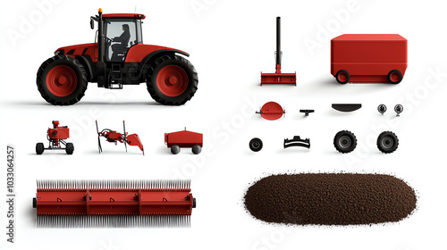 Red tractor and farm equipment, white isolate background photo