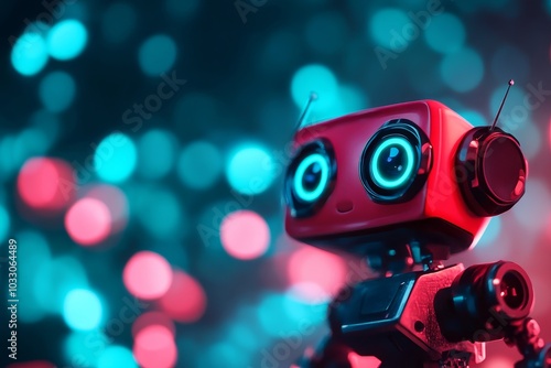 A charming robot with large, expressive eyes, set against a backdrop of soft, colorful lights. This image evokes feelings of wonder, friendship, and nostalgia.