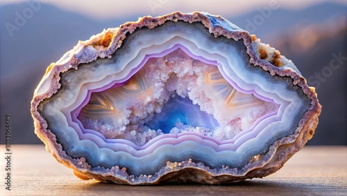 A half-sphere of agate reveals a mesmerizing interior, showcasing delicate layers of light and dark hues, a captivating natural masterpiece.