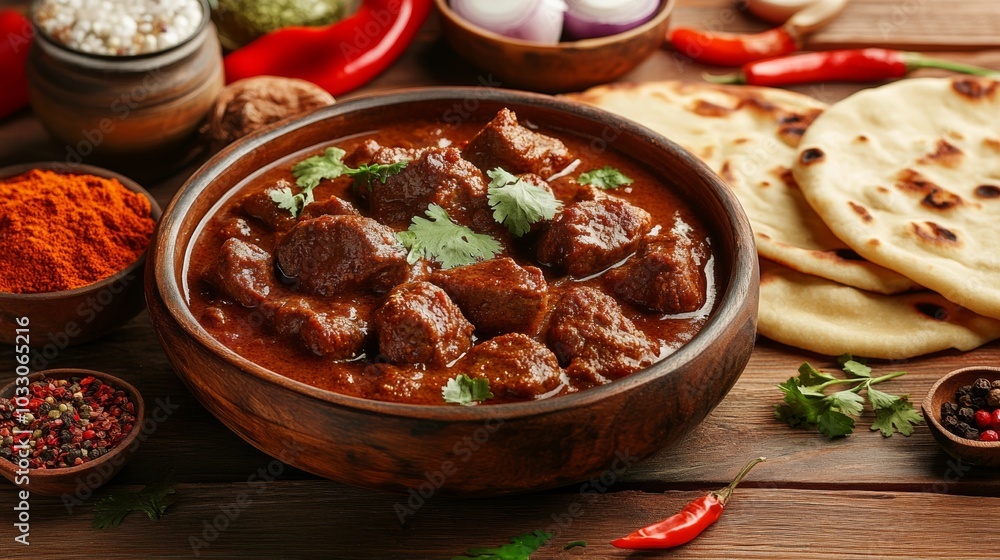 A spicy lamb curry served with soft naan, surrounded by traditional Indian condiments and spices, in an authentic Indian kitchen A spicy lamb curry served with soft naan, surrounded by traditional Indian condiments and spices, in an authentic Indian kitchen