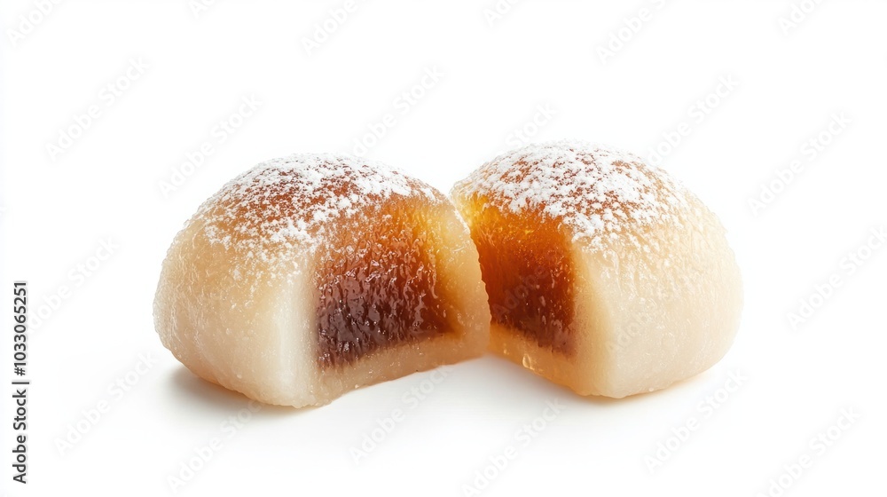 Sweet Japanese warabi mochi topped with sweet syrup and kinako powder, isolated on white background Sweet Japanese warabi mochi topped with sweet syrup and kinako powder, isolated on white background
