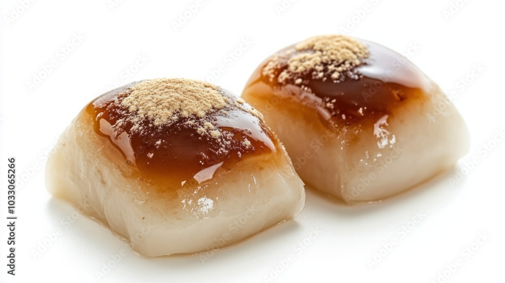 Sweet Japanese warabi mochi topped with sweet syrup and kinako powder, isolated on white background Sweet Japanese warabi mochi topped with sweet syrup and kinako powder, isolated on white background