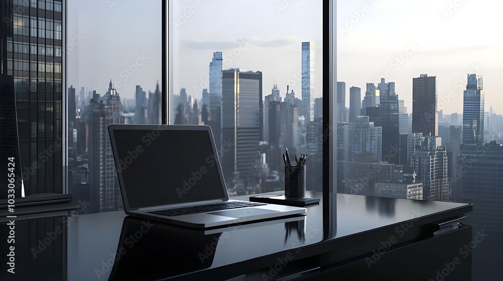 Laptop on a Sleek Desk in a Framed Modern Office. Laptop on a Sleek Desk in a Framed Modern Office.