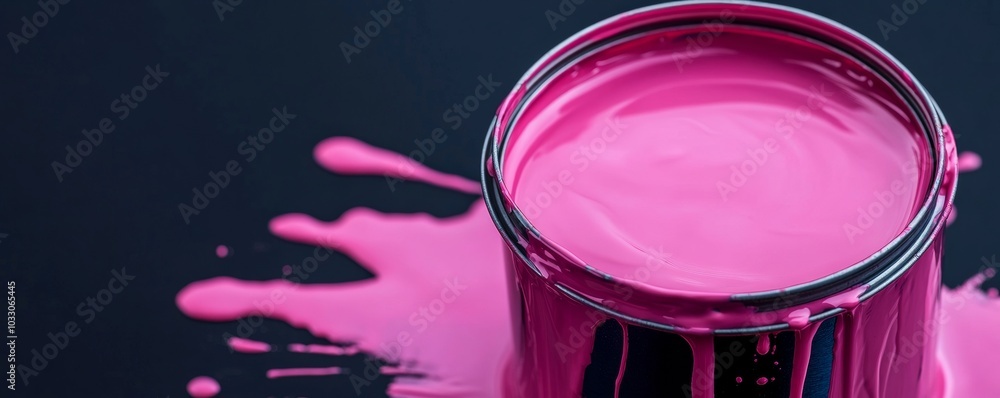 Pink paint can with spilled paint on dark background. Art and creativity concept Pink paint can with spilled paint on dark background. Art and creativity concept