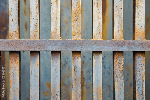 A close-up view of a weathered rusty metal gate with bars