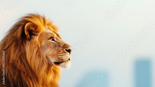 A majestic lion with a captivating gaze, symbolizing strength, power, leadership, and the wild beauty of nature. photo