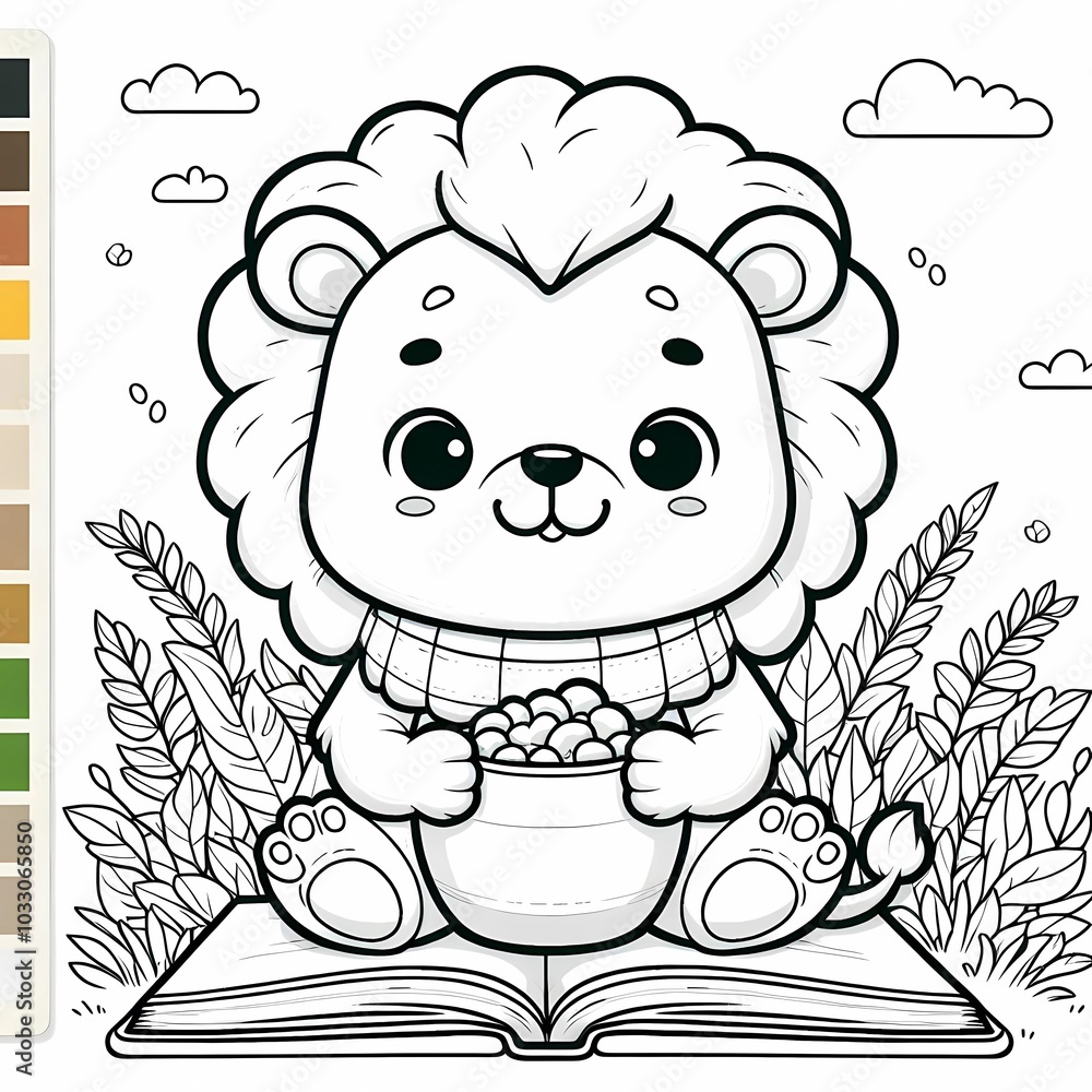 Coloring book illustration of a lion carrying food Coloring book illustration of a lion carrying food