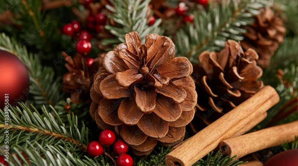 Rustic arrangement of Christmas spices, pinecones, and cinnamon sticks captures festive spirit in a cozy winter setting Rustic arrangement of Christmas spices, pinecones, and cinnamon sticks captures festive spirit in a cozy winter setting