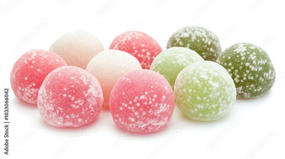 Traditional Japanese mochi with pink, green, and white colors, arranged on white background, soft and chewy texture Traditional Japanese mochi with pink, green, and white colors, arranged on white background, soft and chewy texture