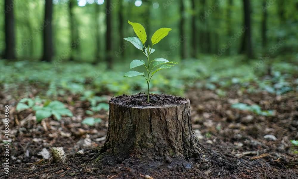 A young plant growing from a tree stump in a lush forest, symbolizing renewal and resilience. A young plant growing from a tree stump in a lush forest, symbolizing renewal and resilience.