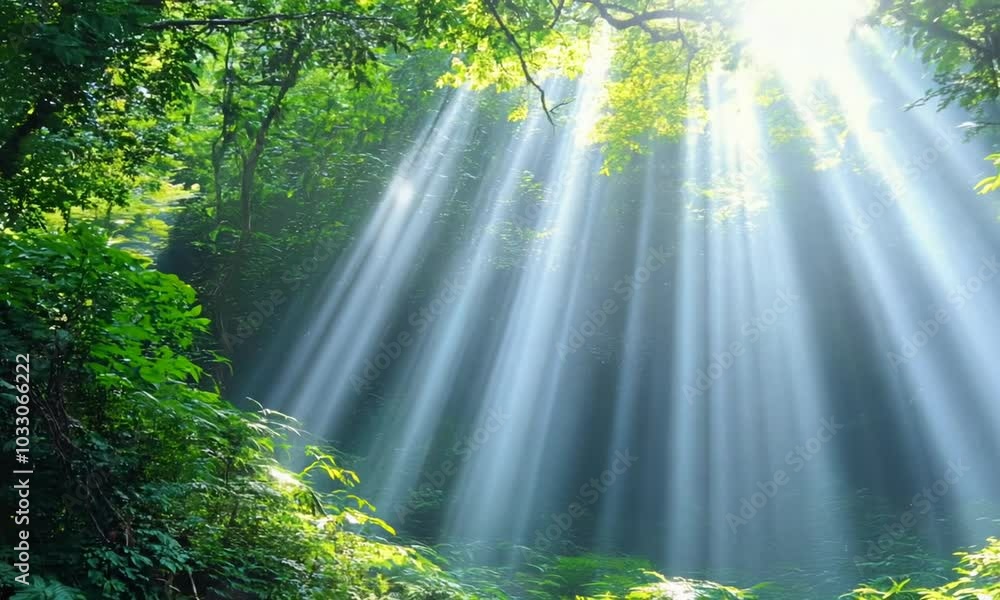 Sunlight streams through lush trees in a serene forest, creating a tranquil atmosphere. Sunlight streams through lush trees in a serene forest, creating a tranquil atmosphere.