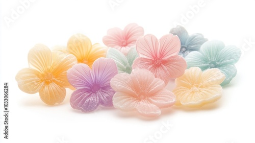 Traditional Japanese nerikiri sweets shaped like seasonal flowers, pastel-colored and delicate, isolated on white background photo