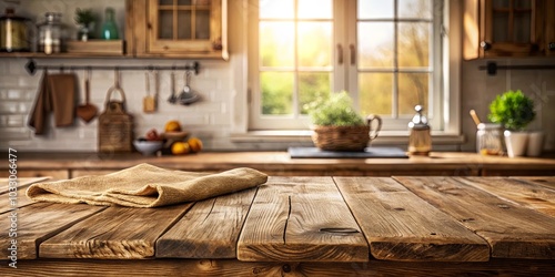 Rustic wooden table with a folded linen cloth in a warm kitchen setting with a window view