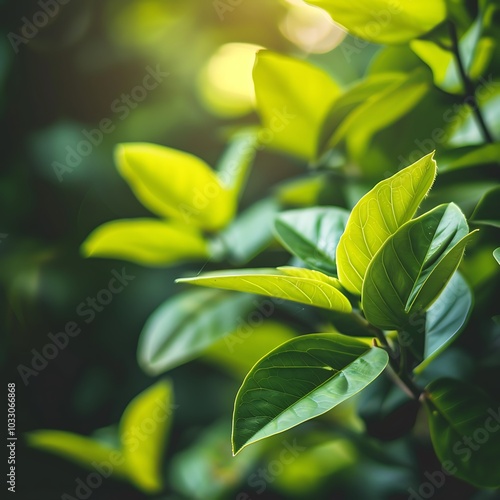 Close up of green leaves with sunlight in the morning. Nature background