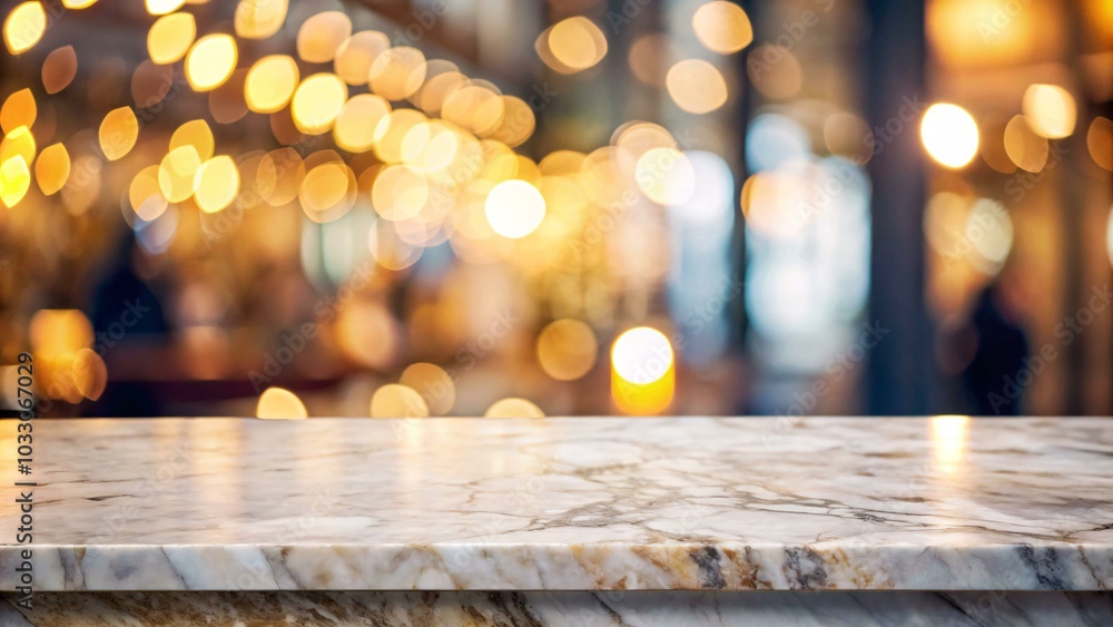 The image shows a marble countertop with a blurred background of warm, golden lights. The countertop is a light gray color with brown and white veins running through it. It is a clean, polished The image shows a marble countertop with a blurred background of warm, golden lights. The countertop is a light gray color with brown and white veins running through it. It is a clean, polished