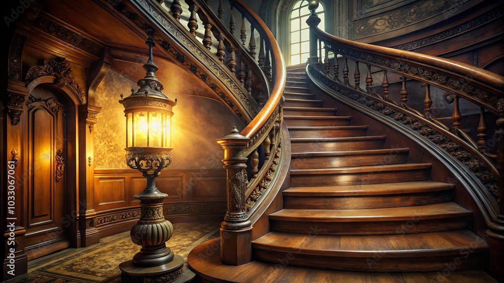 A Grand Staircase with Intricate Carvings and a Warm Glow from a Lamp, Leading Upwards to a Sunlit Window A Grand Staircase with Intricate Carvings and a Warm Glow from a Lamp, Leading Upwards to a Sunlit Window