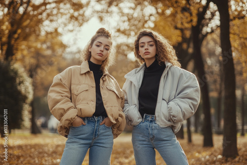 Two women in autumn clothes standing in the park, surrounded by colorful falling leaves and trees with orange and yellow foliage.