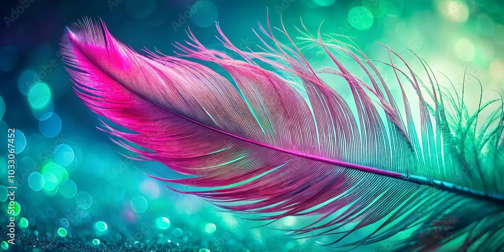 Obraz premium A Vibrant Pink Feather with Delicate Barbs and a Soft Focus Background of Sparkling Turquoise Lights