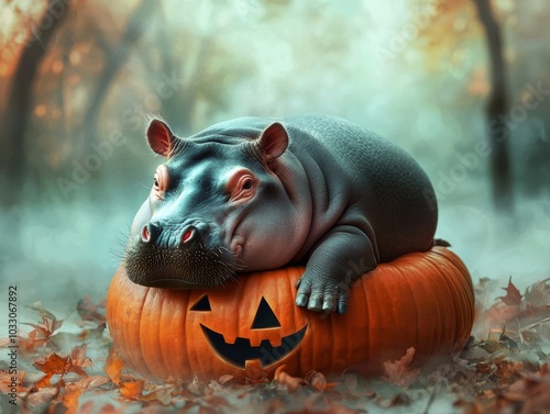 A cute hippo lying on a Halloween pumpkin with spooky trees and fog photo