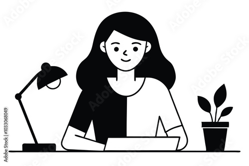 Smiling young woman studying on table at home, continuous line art vector illustration