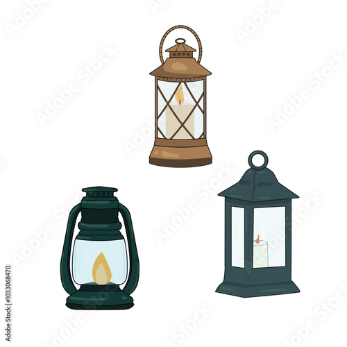 Cartoon vector illustration of three different lanterns, one is an old oil lamp and the others are modern glass lanterns with a candle inside, in simple flat clip art design on white background.Web