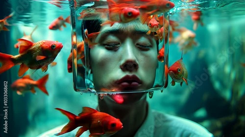 A person is submerged in a tank of water, surrounded by goldfish photo