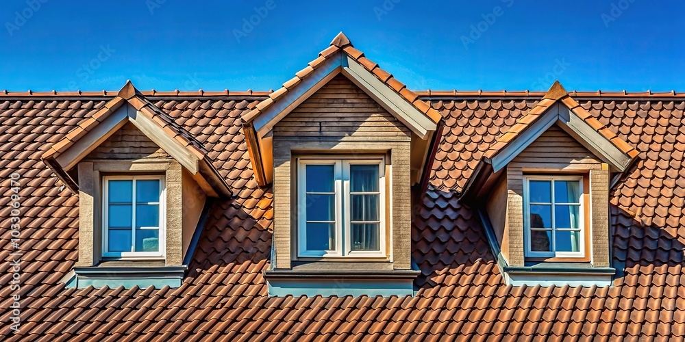 Panoramic mansard roof with dormer window on steep sloping roof against solid color background Panoramic mansard roof with dormer window on steep sloping roof against solid color background