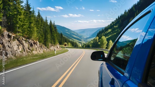 Mountain and road view from the car window 