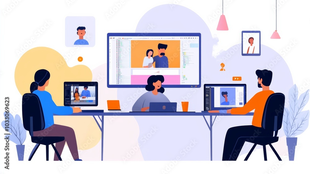 A video editor rendering a high-quality video project, with progress bars and cloud synchronization on multiple screens A video editor rendering a high-quality video project, with progress bars and cloud synchronization on multiple screens