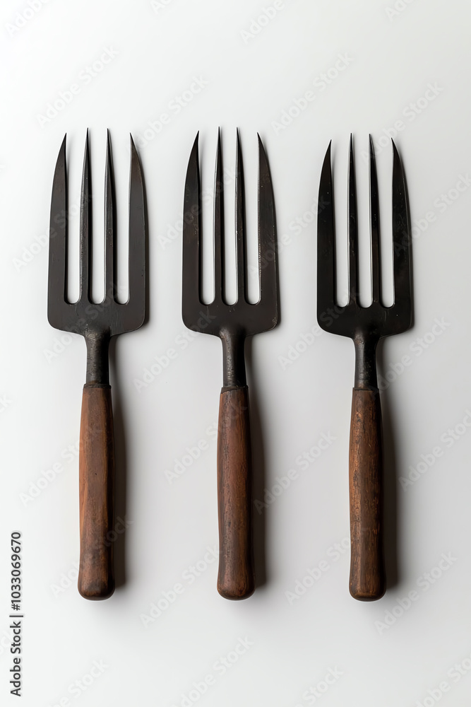 Three garden forks, white isolate background Three garden forks, white isolate background