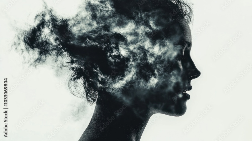 Head silhouette with a storm inside, representing anxiety and mental turmoil, isolated on white background Head silhouette with a storm inside, representing anxiety and mental turmoil, isolated on white background