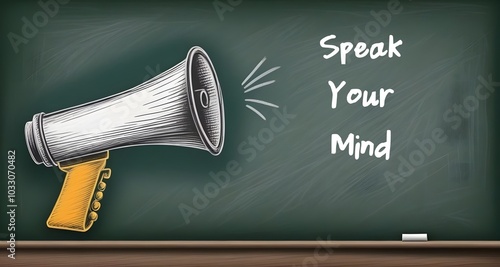 Loudspeaker on chalkboard with handwritten text SPEAK YOUR MIND, self reminder to have self respect, not afraid to have strong opinions and show ideas how to improve things