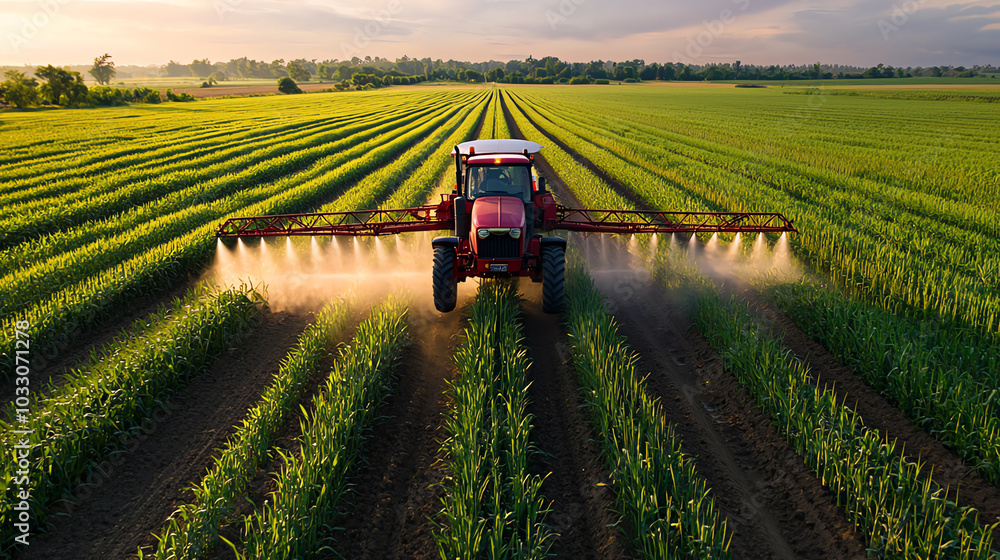 Fototapeta premium Tractor spraying chemicals in green field
