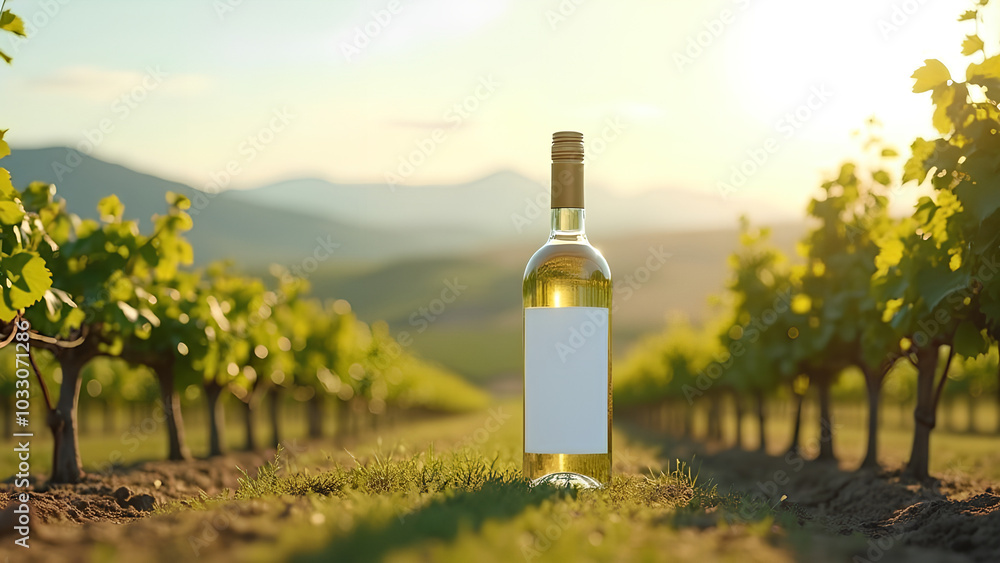 Fototapeta premium White wine bottle mockup in a vineyard landscape with lush grapevines and rolling hills