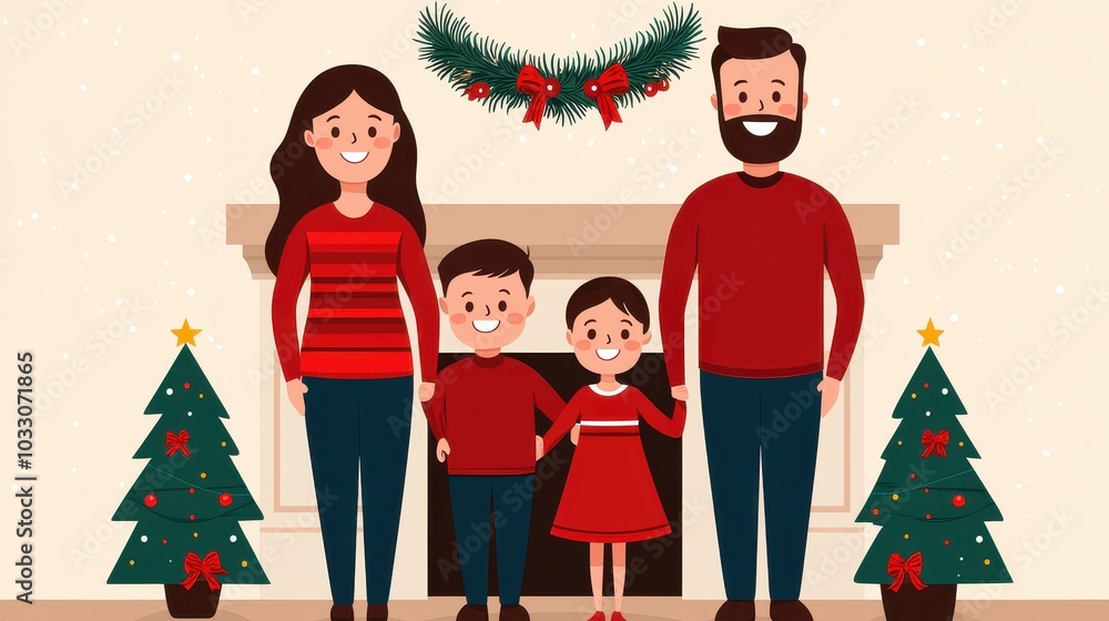 A cheerful family in red holiday attire stands by a decorated fireplace, surrounded by Christmas trees, capturing the festive spirit of the season. A cheerful family in red holiday attire stands by a decorated fireplace, surrounded by Christmas trees, capturing the festive spirit of the season.