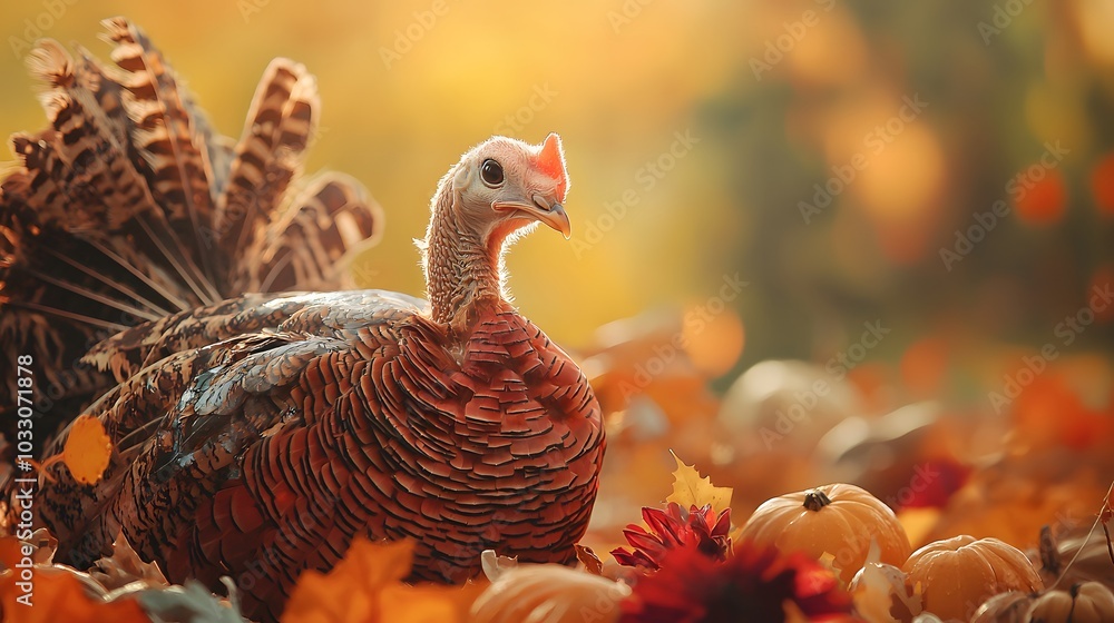 Obraz premium Thanksgiving Day turkey on autumn background with fall foliage. Farm poultry and livestock animal