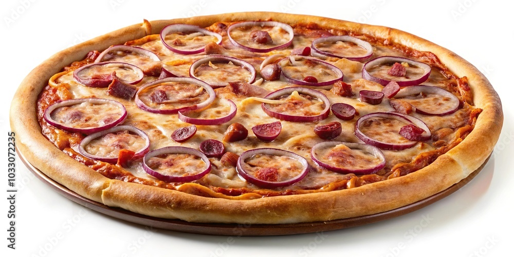 pizza with cheese, sausage and onions isolated on white background pizza with cheese, sausage and onions isolated on white background