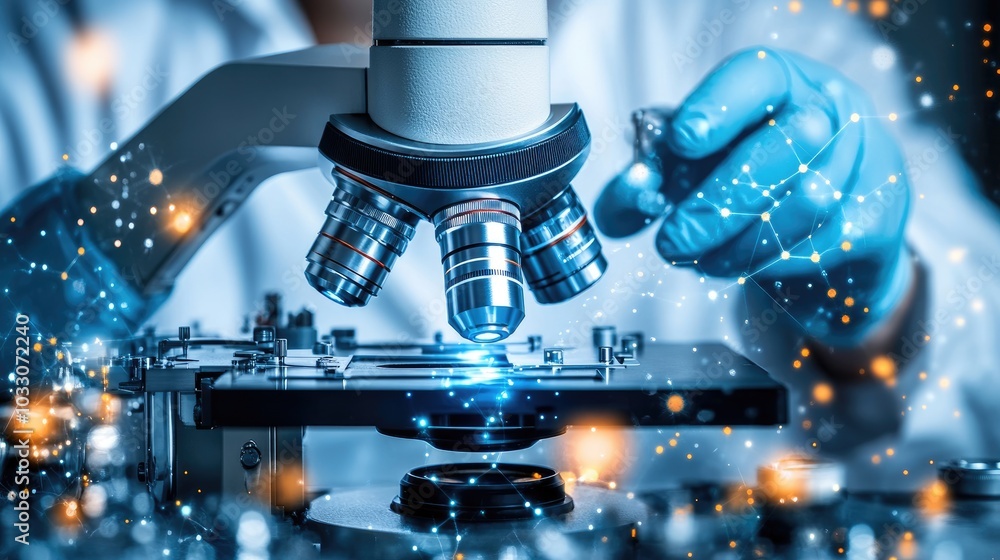 Scientific analysis: capturing lab scientist intently looking through microscope, meticulously studying intricate specimens, importance of detailed investigation, discovery in laboratory settings. Scientific analysis: capturing lab scientist intently looking through microscope, meticulously studying intricate specimens, importance of detailed investigation, discovery in laboratory settings.
