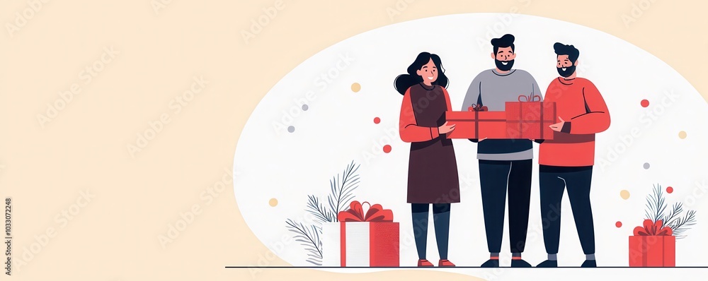 Obraz premium Three people joyfully present a gift together, surrounded by festive elements, embodying the spirit of celebration and giving.