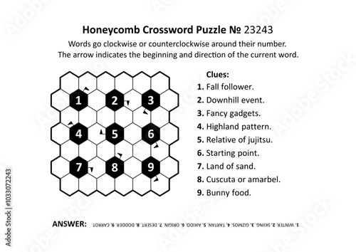 Honeycomb crossword puzzle game № 23243. General knowledge, family friendly content. Answer included.
