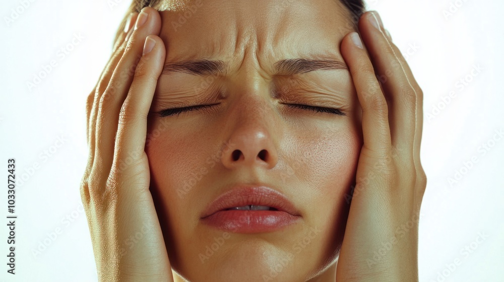 Stressed face with hands holding the head, representing anxiety and mental health struggles, isolated on white background Stressed face with hands holding the head, representing anxiety and mental health struggles, isolated on white background