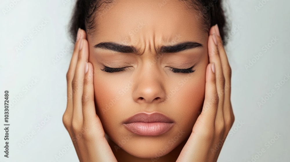 © Napasnan - Stressed face with hands holding the head, representing anxiety and mental health struggles, isolated on white background © Napasnan - Stressed face with hands holding the head, representing anxiety and mental health struggles, isolated on white background