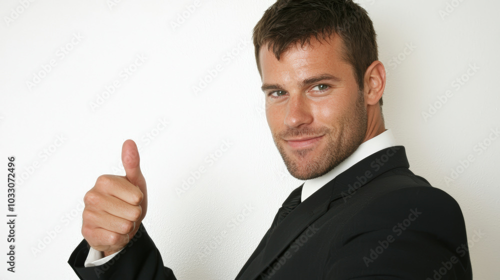 Confident businessman in suit giving thumbs up, showcasing positivity and professionalism. His smile reflects success and determination in corporate environment Confident businessman in suit giving thumbs up, showcasing positivity and professionalism. His smile reflects success and determination in corporate environment